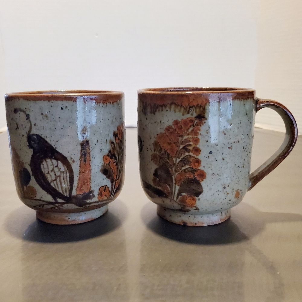 Vintage Hand Painted Bird Stoneware Mug Set Rustic Speckled Pottery Pair